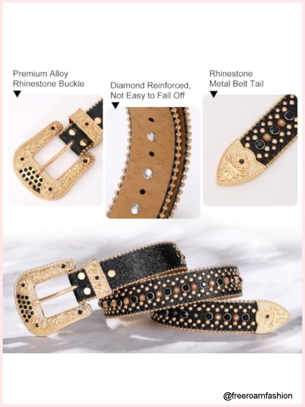 Premium Leather Rhinestone Belt with Detachable Buckle, Western Cowgirl Bling - Picture 5 of 6